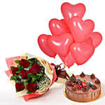 Red Heart Shape Balloons With Flowers and Fudge Cake