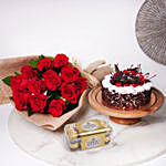 Red Roses & Black Forest Cake With Chocolates