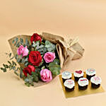 3 Pink 3 Red Roses Valentine Bouquet With Cupcake