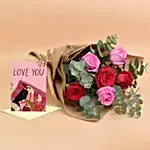 3 Pink 3 Red Roses Valentine Bouquet With Greeting Card