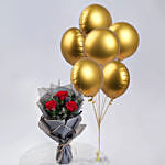 6 Golden Foil Balloons & Dark Pink Rose Bouquet