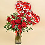 12 Red Roses in Premium Vase And Balloons