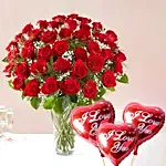 Bunch of 50 Scarlet Red Roses With Balloons