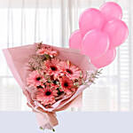 Elegant Pink Gerberas Beautifully Tied Bouquet with Balloons