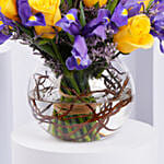 Iris and Roses Fish Bowl Arrangement