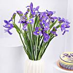 IRIS Flowers Arrangement in Premium Vase and Cake