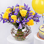 Iris Flowers with Birthday Cake with Balloons