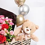 Roses with Teddy And Balloons in a Basket