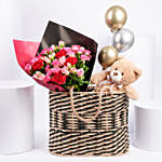 Roses with Teddy And Balloons in a Basket