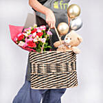 Roses with Teddy And Balloons in a Basket