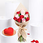 6 Pink 6 Red Roses Warmth Bouquet With Cake