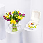 Tulips and Daffodils Beauty in Fish Bowl With Bento Cake