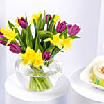 Tulips and Daffodils Beauty in Fish Bowl with Birthday Bento Cake