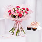 Carnations And Roses Bouquet And Cakes