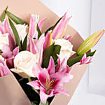 Pink Liilies and Ohara Roses Fragrant Ripples Bouquet