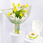 Daffodils and Tulips Birthday Flower Bouquet With Bento Cake