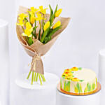 Daffodils withTulips Birthday Flower Bouquet With Cake