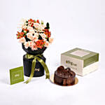 Peach Roses and Lisianthus Flowers with Chocolate Cake