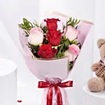 Pink and Red Roses Beauty Bouquet With Teddy Bear For Valentines