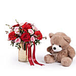 Mix Roses in Golden Vase with Brown Teddy Combo
