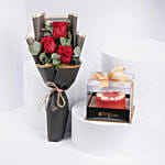 Designer Cake and Red Roses Bouquet
