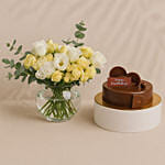 Elegant Rose And Lisianthus Bloom Bowl With Decadent Fudge Cake