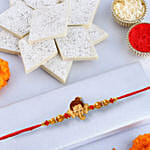 Long Trunk Bal Ganesha Pearl Rakhi For Kids And Kaju Katli
