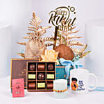 Divine Rudraksh Rakhi In Gift Box With Chocolates And Floral Arrangement
