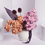Peach and Lavender Flower Arrangement in White Vase
