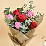 3 Pink 3 Red Roses Valentine Bouquet With Teddy