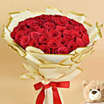 50 Valentines Roses Bouquet With Teddy