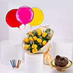 كومبو باقة ورد صفراء وكيك فدج وشموع وبالونات