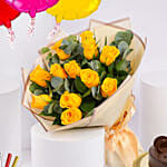 كومبو باقة ورد صفراء وكيك فدج وشموع وبالونات