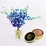 Blue Orchids Bouquet With Tin Cake