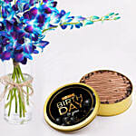 Blue Orchids Bouquet With Tin Cake