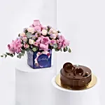 كومبو كيكة شوكولاتة وباقة ورد عيد ميلاد