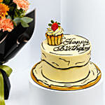 Comical Treat Birthday Chocolate Cake n Flowers