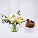 Elegant Rose And Lisianthus Bloom Bowl With Decadent Fudge Cake