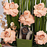 فوسيل برونسو أوتوماتيك رجالية مع باقة ورد