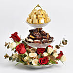 هدية باقة ورد وتمر وشوكولاته في وعاء أنيق