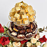 هدية باقة ورد وتمر وشوكولاته في وعاء أنيق