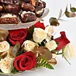 هدية باقة ورد وتمر وشوكولاته في وعاء أنيق