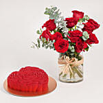 Heart Chocolate Cake with Red Roses in Vase
