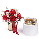 Mix Roses in Golden Vase with Ferrero Rocher Combo