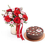 Mix Roses in Golden Vase with Valentines Chocolate Cake Combo