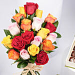 كومبو باقة ورد ملونة مميزة مع علبة شوكولا البندق بالحليب