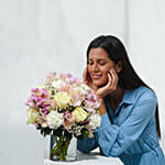 Pink and White Floral Bunch In Glass Vase With Greeting Card