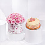 Pink Roses Splendour Box With Heart Shape Chocolate Cake