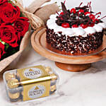 Red Roses & Black Forest Cake With Chocolates