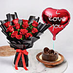 كومبو باقة 12 وردة حمراء مميزة مع كيك شوكولا فدج مع بالون
